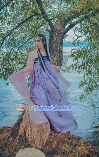 Traditional Chinese Tang Dynasty Palace Lady Fairy Costume Blouse and Embroidery Purple Slip Skirt, Elegant Hanfu Clothing Chinese Ancient Princess Clothing for Women