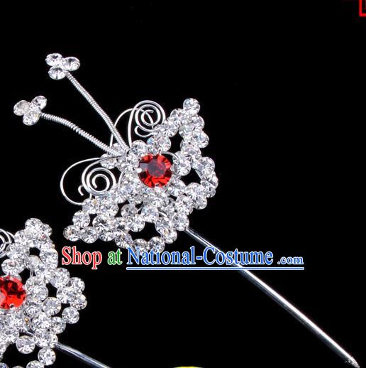 Traditional Beijing Opera Diva Hair Accessories Red Crystal Butterfly Head Ornaments Hairpins, Ancient Chinese Peking Opera Hua Tan Hair Stick Headwear