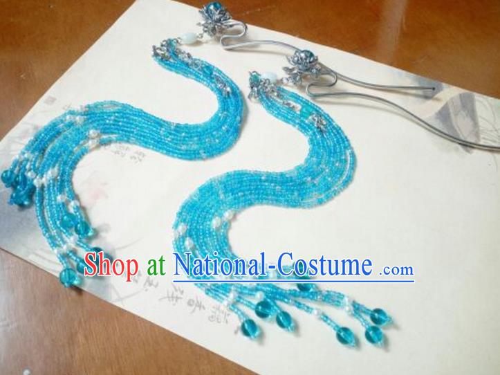 Traditional Handmade Chinese Ancient Classical Hanfu Hair Accessories Tassel Hairpins, Princess Palace Lady Blue Step Shake for Women