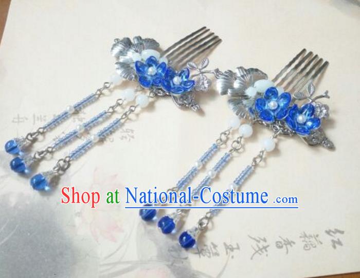 Traditional Handmade Chinese Ancient Classical Hanfu Hair Accessories Tassel Hairpins, Princess Palace Lady Blue Tassel Hair Comb for Women