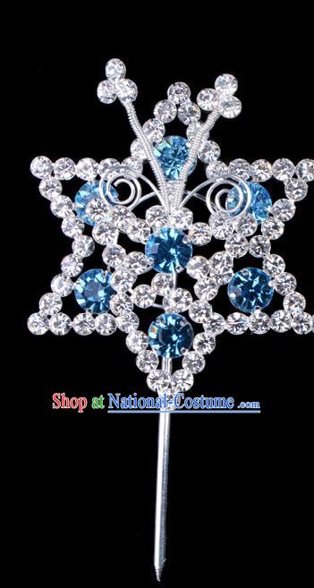 Traditional Beijing Opera Diva Hair Accessories Blue Crystal Hexagon Head Ornaments Hairpins, Ancient Chinese Peking Opera Hua Tan Hair Stick Headwear