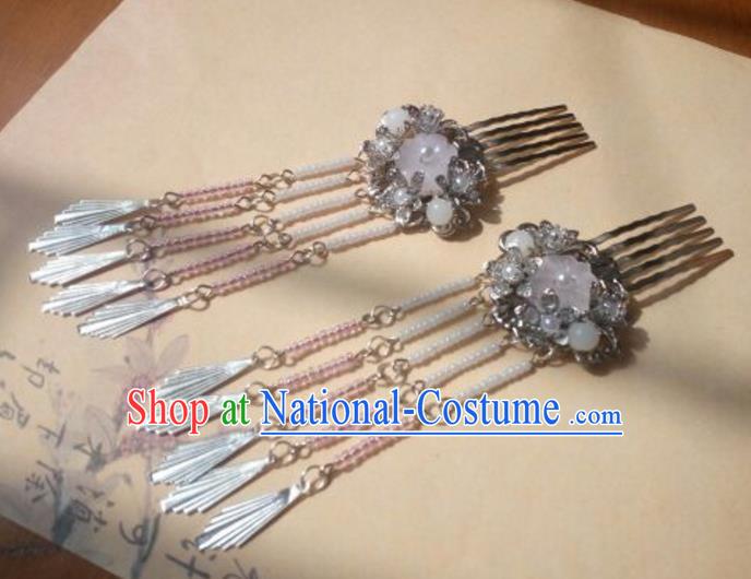 Traditional Handmade Chinese Ancient Classical Hanfu Hair Accessories Hairpins Pink Tassel Hair Comb, Princess Headpiece Palace Lady Step Shake Hair Stick for Women