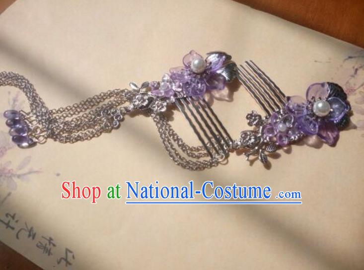 Traditional Handmade Chinese Ancient Classical Hanfu Hair Accessories Hairpins Purple Tassel Hair Comb, Princess Headpiece Palace Lady Hair Stick for Women