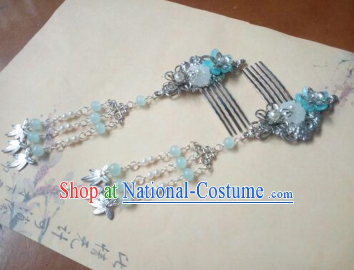 Traditional Handmade Chinese Ancient Classical Hanfu Hair Accessories Blue Bead Tassel Hairpins, Princess Headpiece Hair Comb for Women