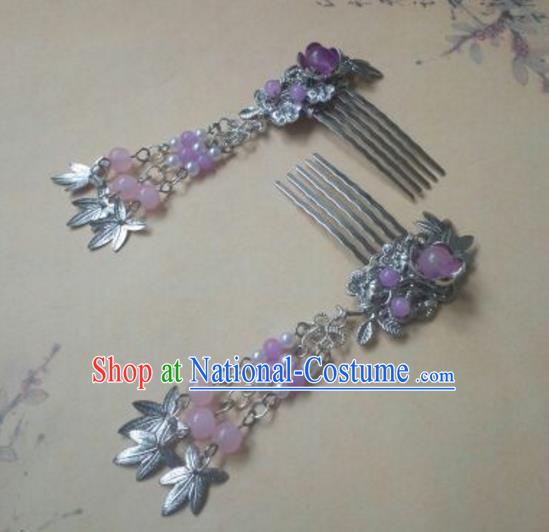 Traditional Handmade Chinese Ancient Classical Hanfu Hair Accessories Hairpins Purple Hair Comb, Princess Palace Lady Tassel Step Shake Hair Stick for Women