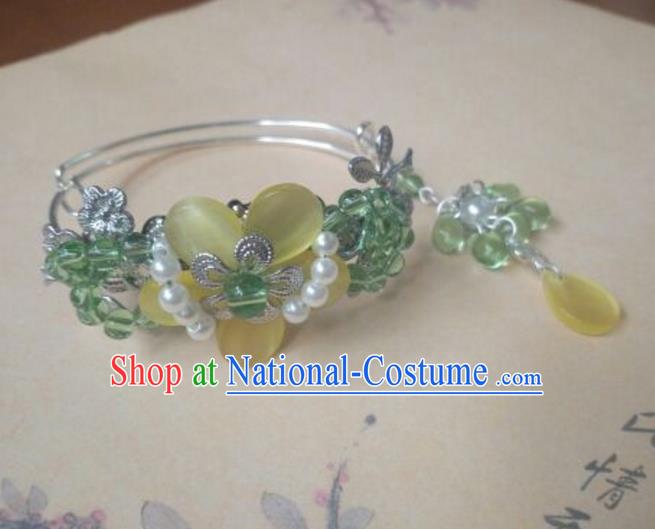 Traditional Handmade Chinese Ancient Classical Hanfu Bracelets, Princess Palace Lady Green Bead Bangle for Women