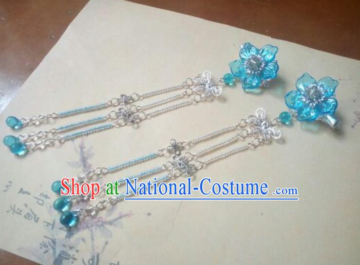 Traditional Handmade Chinese Ancient Classical Hanfu Hair Accessories Palace Lady Blue Flower Tassel Hair Claw, Princess Headpiece Hairpins Hair Fascinators for Women