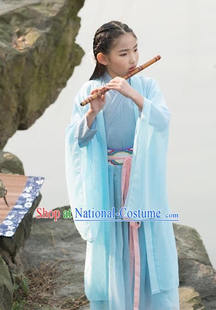 Traditional Ancient Chinese Princess Costume Palace Blue Slip Dress, Elegant Hanfu Clothing Chinese Han Dynasty Embroidered Clothing for Kids