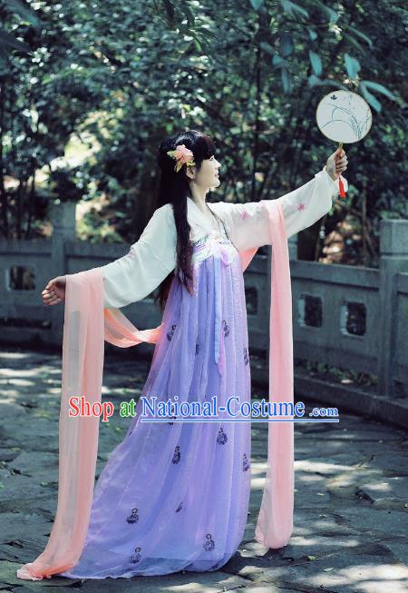 Asian Fashion Oriental China Costume, Elegant Hanfu Clothing Chinese Tang Dynasty Imperial Princess Tailing Embroidered Clothing for Women