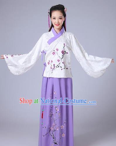 Traditional Asian Oriental China Costume Embroidery Wintersweet White Blouse and Purple Skirt Complete Set, Chinese Ming Dynasty Imperial Princess Embroidered Clothing for Women