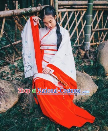 Traditional Asian Oriental China Costume Embroidery Palace Lady Curve Bottom, Chinese Hanfu Han Dynasty Princess Embroidered Clothing for Women