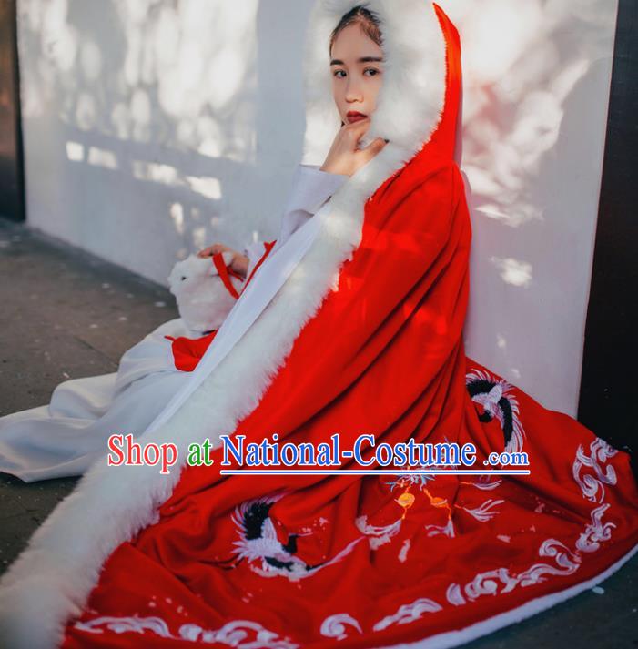 Traditional Ancient Chinese Costume Princess Red Cloak, Elegant Hanfu Clothing Chinese Tang Dynasty Palace Lady Embroidered Mantle Clothing for Women