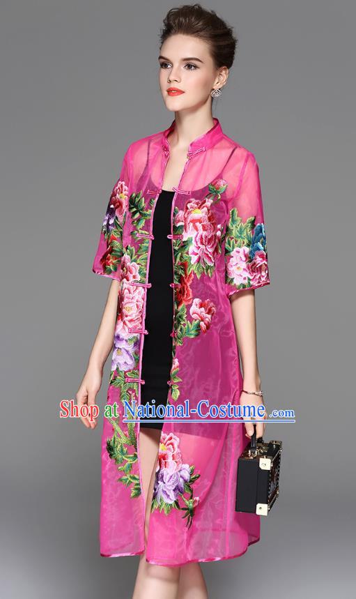 Traditional Top Grade Asian Chinese Costumes Classical Embroidery Peony Rosy Coat, China National Plated Buttons Dust Coat for Women