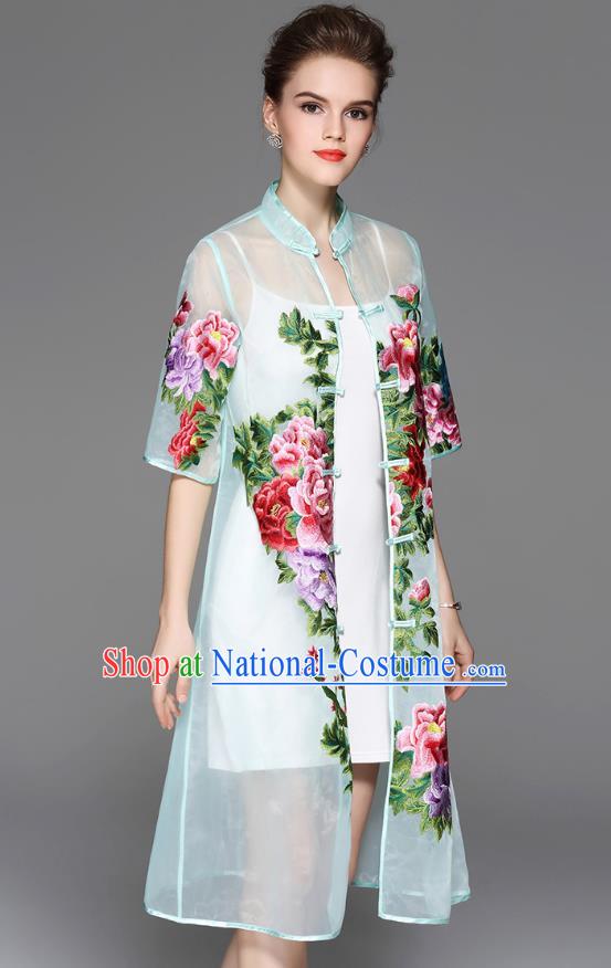 Traditional Top Grade Asian Chinese Costumes Classical Embroidery Peony Light Blue Coat, China National Plated Buttons Dust Coat for Women