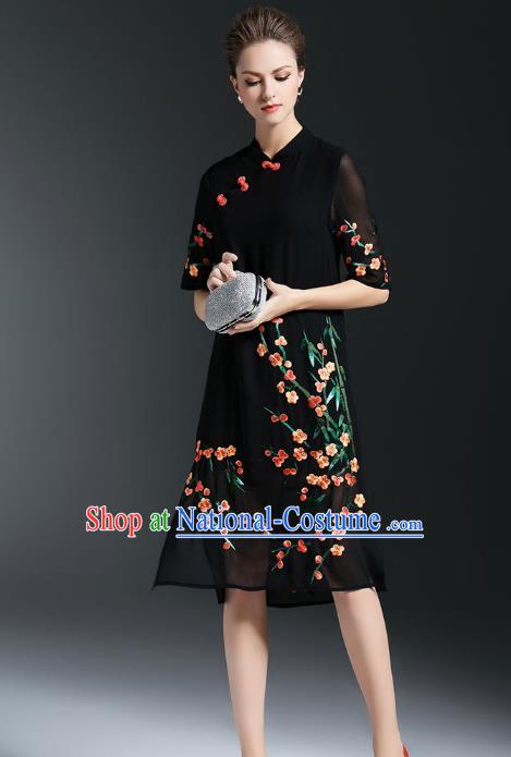 Top Grade Asian Chinese Costumes Classical Embroidery Plum Blossom Slant Opening Cheongsam, Traditional China National Black Chiffon Chirpaur Dress Plated Buttons Qipao for Women