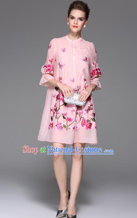 Top Grade Asian Chinese Costumes Classical Embroidery Two-piece Dress, Traditional China National Embroidered Mandarin Sleeve Pink Chirpaur Qipao for Women