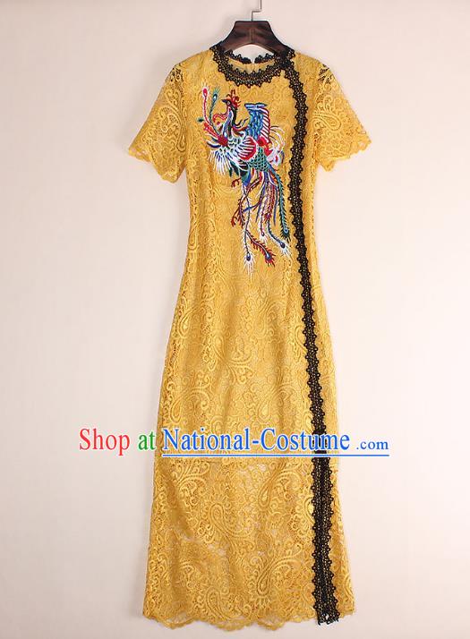 Top Grade Asian Chinese Costumes Classical Embroidery Phoenix Yellow Lace Dress, Traditional China National Embroidered Chirpaur Qipao for Women