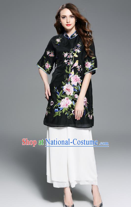 Top Grade Asian Chinese Costumes Classical Embroidery Peony Black Dress Silk Cheongsam Upper Outer Garment, Traditional China National Embroidered Chirpaur Qipao for Women