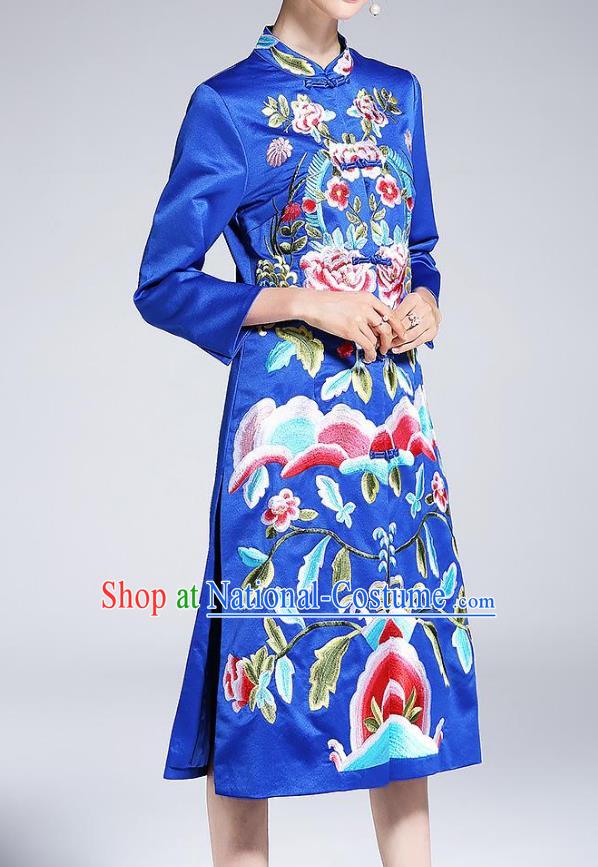 Top Grade Asian Chinese Costumes Classical Embroidery Blue Satin Plated Buttons Cheongsam, Traditional China National Dust Coat Embroidered Peony Chirpaur Clothing for Women