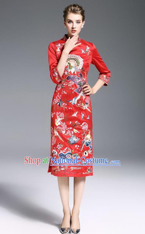 Top Grade Asian Chinese Costumes Classical Embroidery Red Plated Buttons Cheongsam, Traditional China National Slant Opening Embroidered Chirpaur Clothing for Women