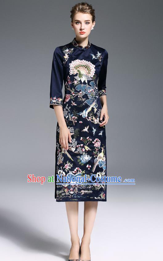 Top Grade Asian Chinese Costumes Classical Embroidery Black Plated Buttons Cheongsam, Traditional China National Slant Opening Embroidered Chirpaur Clothing for Women