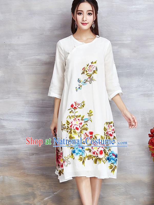 Top Grade Asian Chinese Linen Costumes Classical Embroidery Flowers Cheongsam, Traditional China National White Plated Buttons Chirpaur Dress Qipao for Women