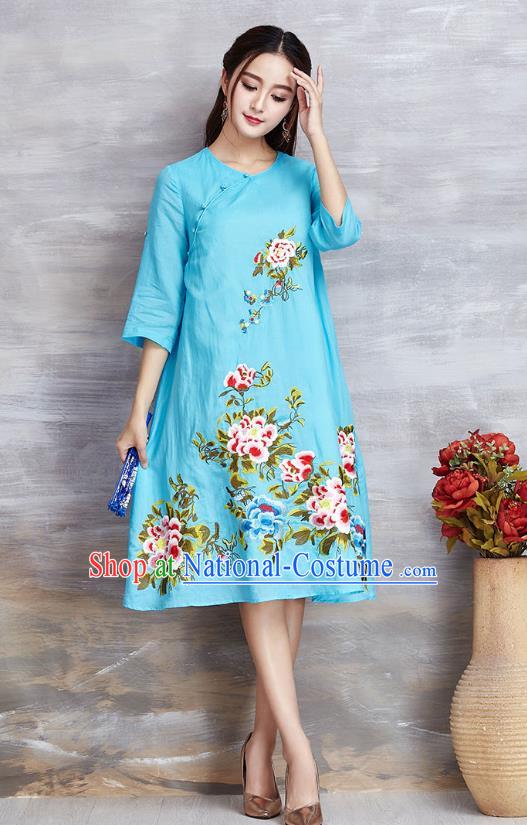 Top Grade Asian Chinese Linen Costumes Classical Embroidery Flowers Cheongsam, Traditional China National Blue Plated Buttons Chirpaur Dress Qipao for Women