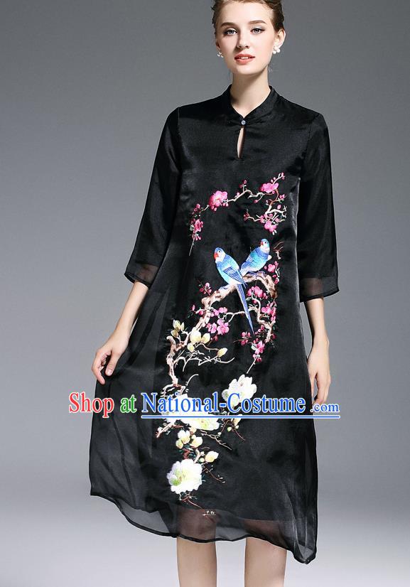 Top Grade Asian Chinese Costumes Classical Embroidery Cheongsam, Traditional China National Middle Sleeve Chirpaur Plated Buttons Black Qipao for Women