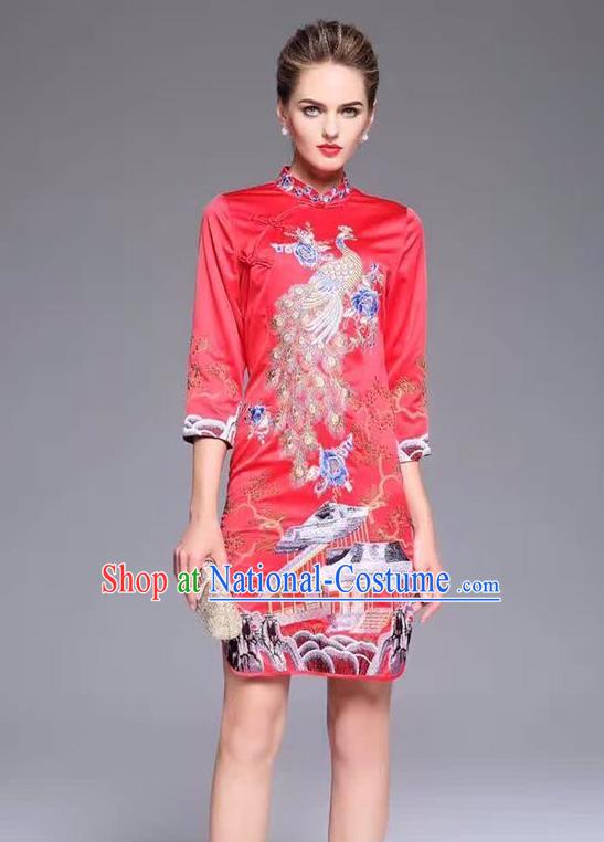 Top Grade Asian Chinese Costumes Classical Embroidery Peacock Cheongsam, Traditional China National Middle Sleeve Chirpaur Plated Buttons Red Qipao for Women