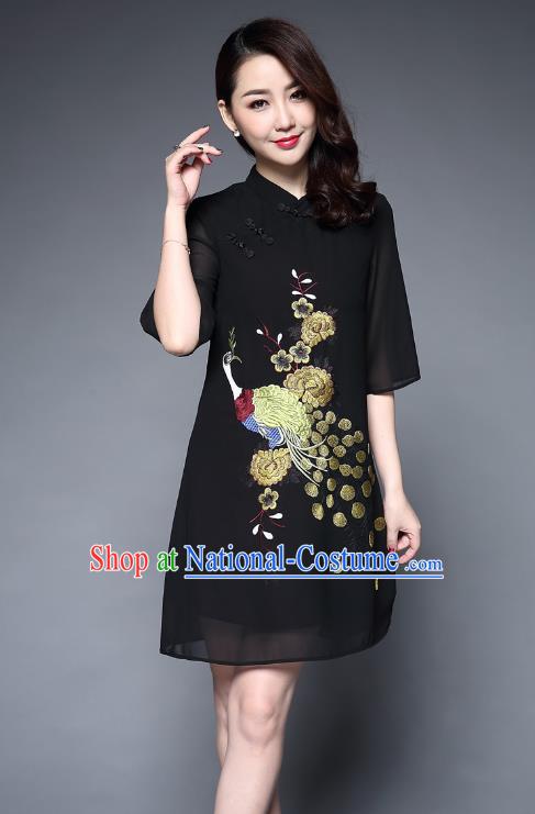 Top Grade Asian Chinese Costumes Classical Embroidery Peacock Short Black Cheongsam, Traditional China National Plated Buttons Chirpaur Dress Qipao for Women