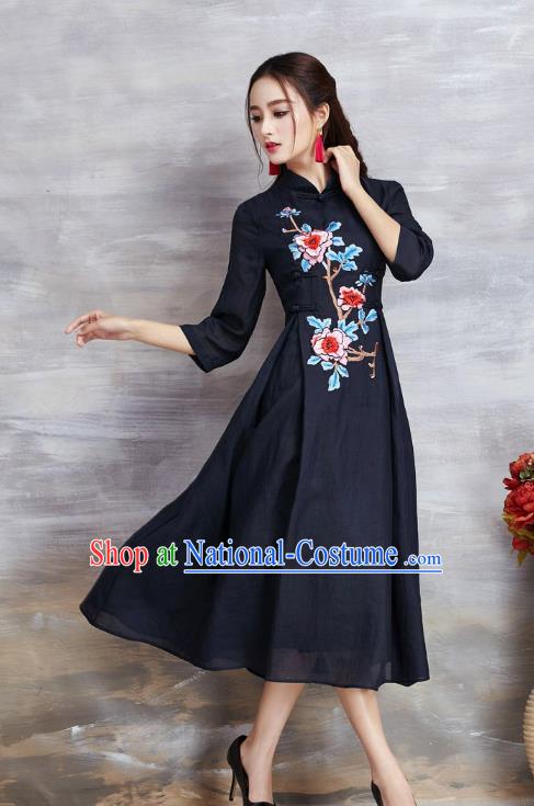 Top Grade Asian Chinese Costumes Classical Embroidery Peony Slant Opening Navy Cheongsam, Traditional China National Plated Buttons Chirpaur Dress Qipao for Women