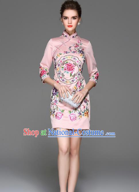 Top Grade Asian Chinese Costumes Classical Embroidery Peony Silk Pink Cheongsam, Traditional China National Plated Buttons Chirpaur Dress Qipao for Women