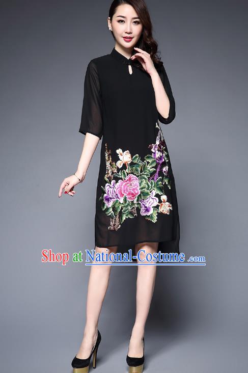 Top Grade Asian Chinese Costumes Classical Embroidery Peony Cheongsam, Traditional China National Plated Buttons Black Chirpaur Dress Qipao for Women