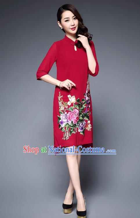 Top Grade Asian Chinese Costumes Classical Embroidery Peony Cheongsam, Traditional China National Plated Buttons Red Chirpaur Dress Qipao for Women