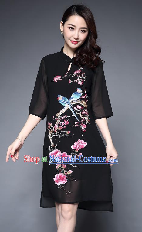 Top Grade Asian Chinese Costumes Classical Embroidery Birds Middle Sleeve Cheongsam, Traditional China National Plated Buttons Black Chirpaur Dress Qipao for Women