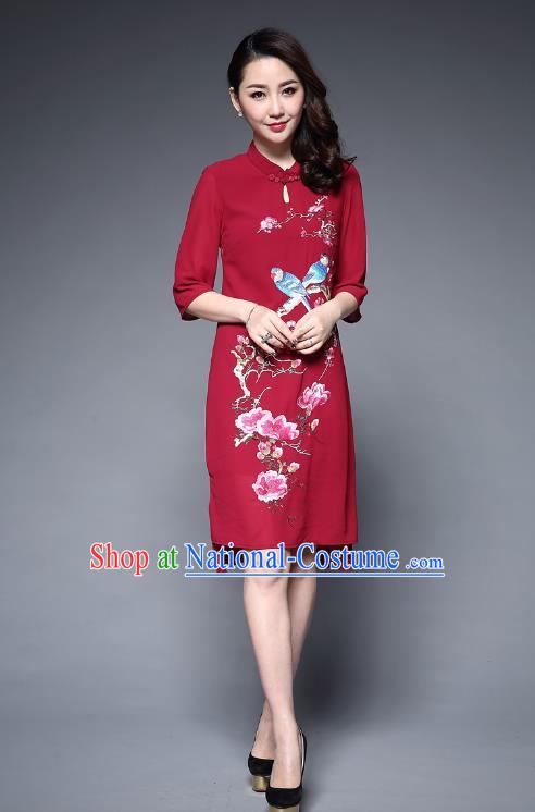 Top Grade Asian Chinese Costumes Classical Embroidery Birds Middle Sleeve Cheongsam, Traditional China National Plated Buttons Red Chirpaur Dress Qipao for Women