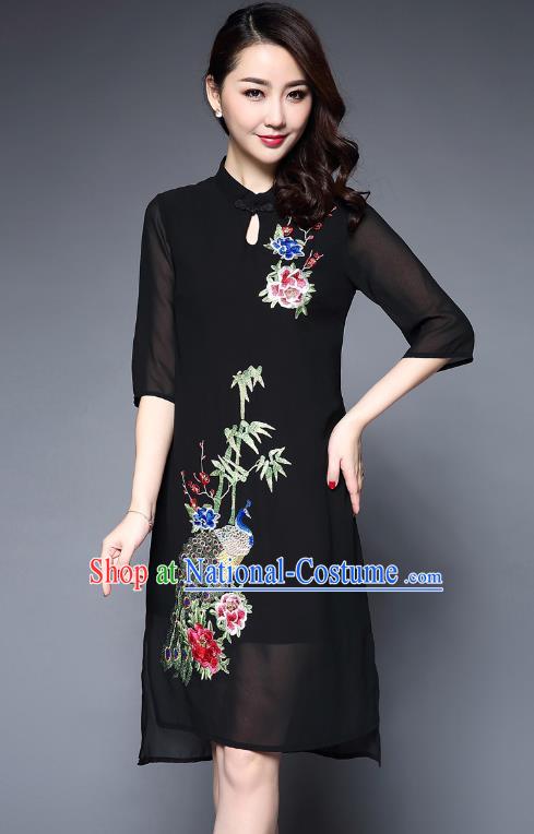 Asian Chinese Oriental Costumes Classical Embroidery Peacock Black Cheongsam, Traditional China National Tang Suit Plated Buttons Chirpaur Dress Qipao for Women