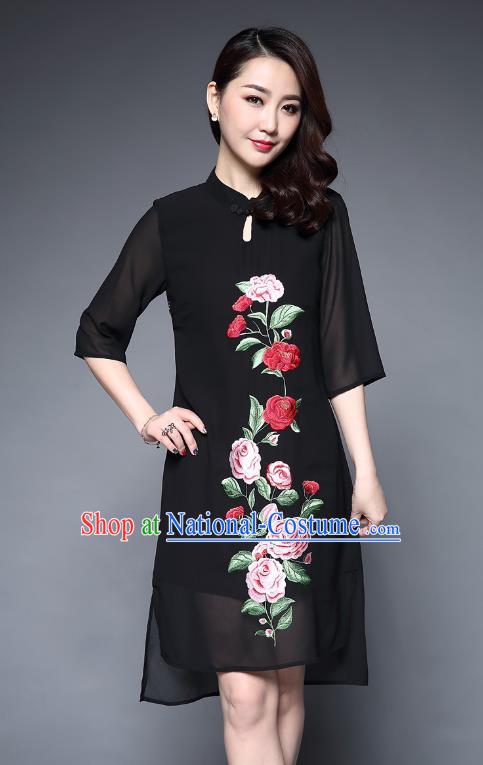 Asian Chinese Oriental Costumes Classical Embroidery Peony Black Chiffon Cheongsam, Traditional China National Tang Suit Plated Buttons Chirpaur Dress Qipao for Women