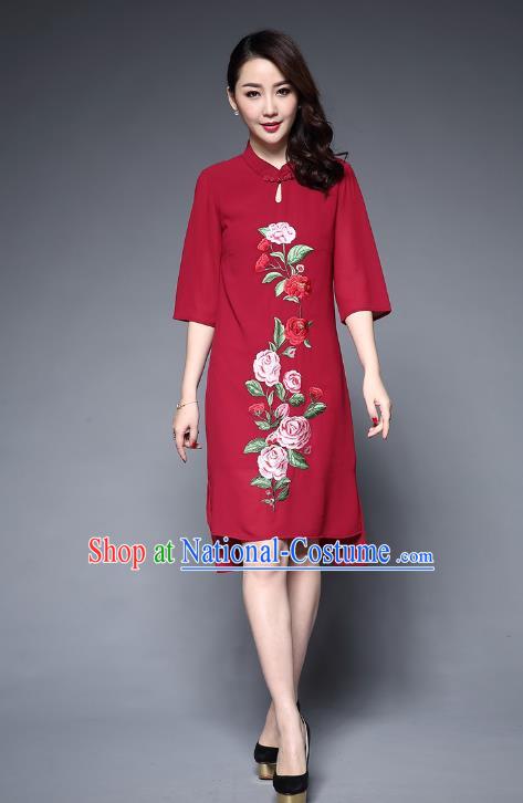 Asian Chinese Oriental Costumes Classical Embroidery Peony Red Chiffon Cheongsam, Traditional China National Tang Suit Plated Buttons Chirpaur Dress Qipao for Women