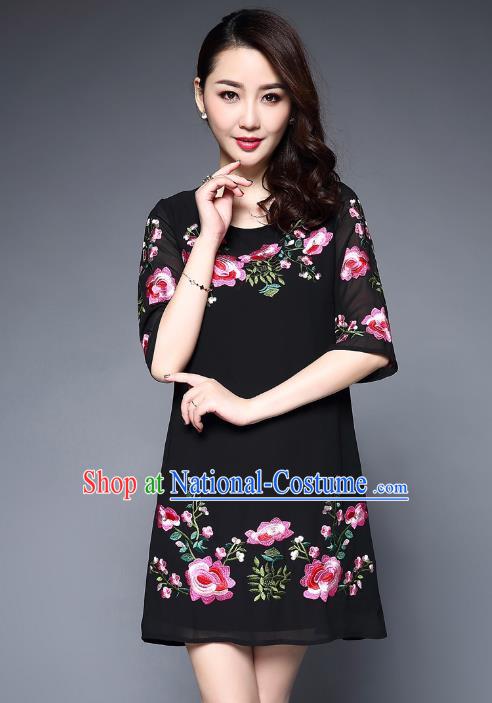 Asian Chinese Oriental Costumes Classical Embroidery Peony Chiffon Dress, Traditional China National Tang Suit Black Dress Qipao for Women