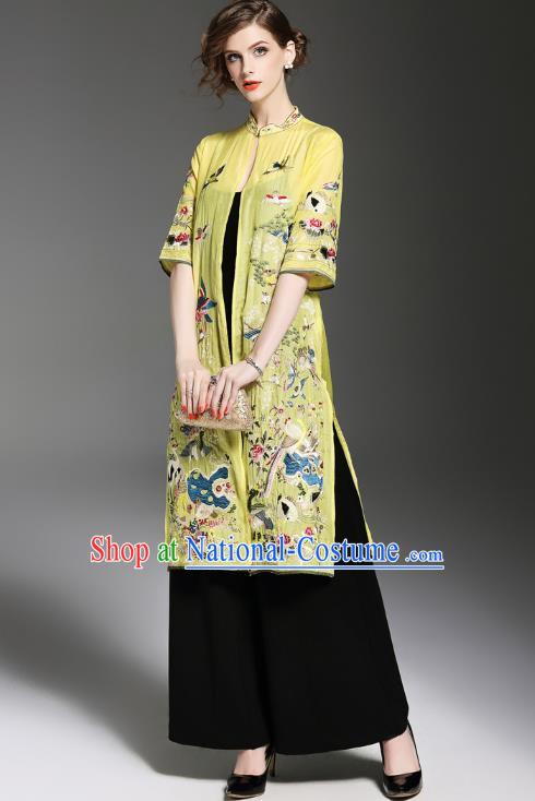 Asian Chinese Oriental Costumes Classical Embroidery Yellow Cardigan, Traditional China National Tang Suit Upper Outer Garment Overcoat for Women