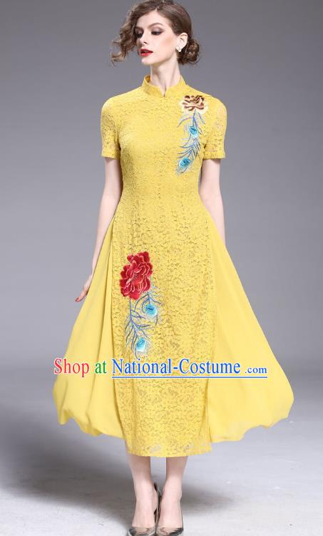 Asian Chinese Oriental Costumes Classical Embroidery Yellow Lace Cheongsam, Traditional China National Tang Suit Stand Collar Qipao Dress for Women