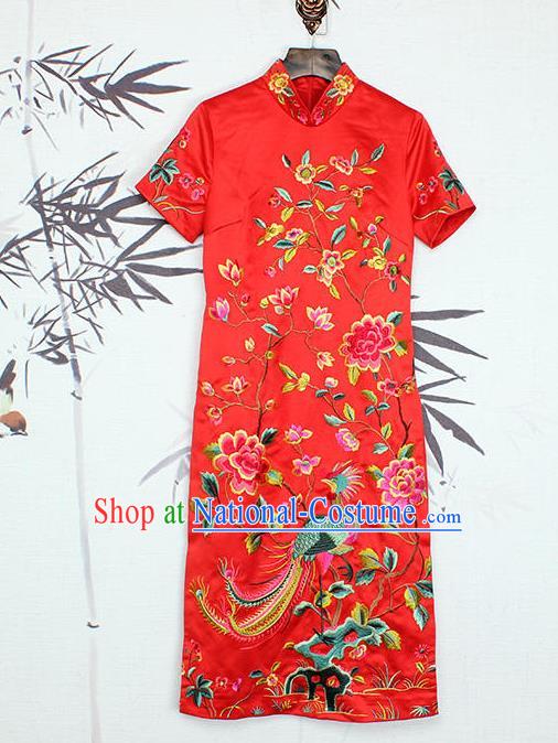 Asian Chinese Oriental Costumes Classical Embroidery Phoenix Peony Cheongsam, Traditional China National Tang Suit Stand Collar Red Qipao Dress for Women