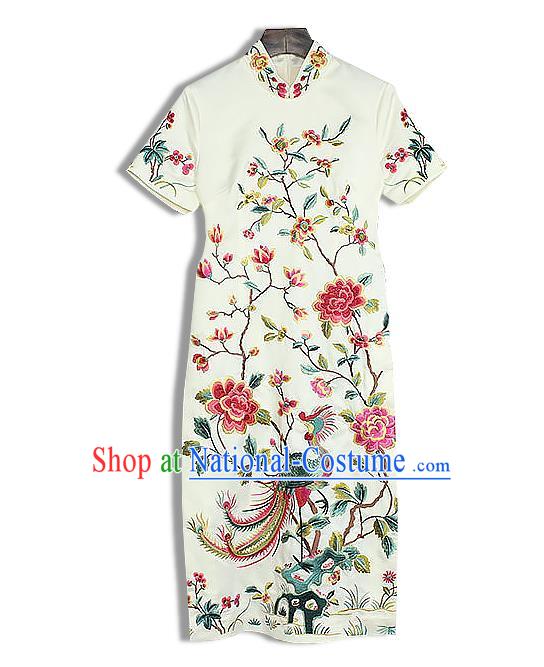 Asian Chinese Oriental Costumes Classical Embroidery Phoenix Peony Cheongsam, Traditional China National Tang Suit Stand Collar White Qipao Dress for Women