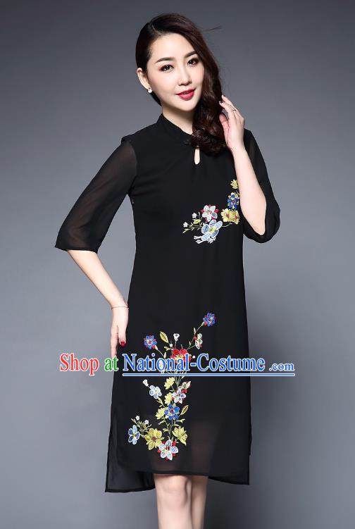 Asian Chinese Oriental Costumes Classical Embroidery Flowers Chiffon Dress, Traditional China National Tang Suit Black Cheongsam Qipao for Women