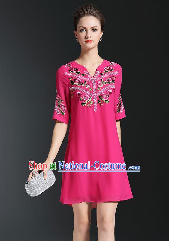 Asian Chinese Oriental Costumes Classical Embroidery Rosy Chiffon Short Dress, Traditional China National Tang Suit Qipao Dress for Women