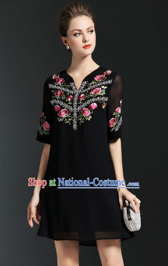 Asian Chinese Oriental Costumes Classical Embroidery Black Chiffon Short Dress, Traditional China National Tang Suit Qipao Dress for Women