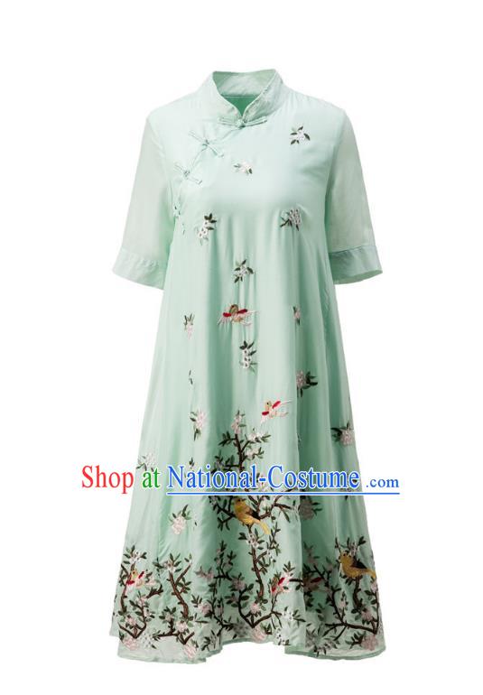 Asian Chinese Oriental Costumes Classical Slant Opening Embroidery Green Cheongsam, Traditional China National Chirpaur Tang Suit Plated Buttons Qipao Dress for Women