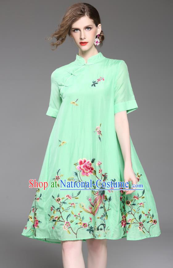 Asian Chinese Oriental Costumes Classical Slant Opening Embroidery Phoenix Peony Cheongsam, Traditional China National Chirpaur Tang Suit Plated Buttons Green Qipao Dress for Women