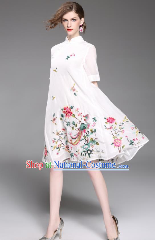 Asian Chinese Oriental Costumes Classical Slant Opening Embroidery Phoenix Peony Cheongsam, Traditional China National Chirpaur Tang Suit Plated Buttons White Qipao Dress for Women